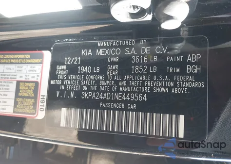 2022 Kia Rio S z USA, uszkodzony, nr VIN 3KPA24AD1NE449564